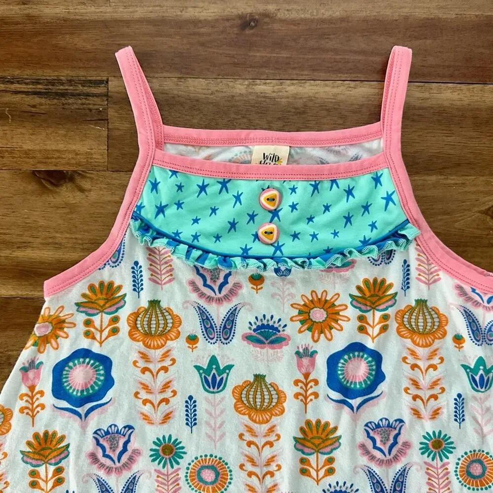 Wildflowers Daydream Believer Whimsical Floral Tunic 10 Pink Green Ruffle Floral